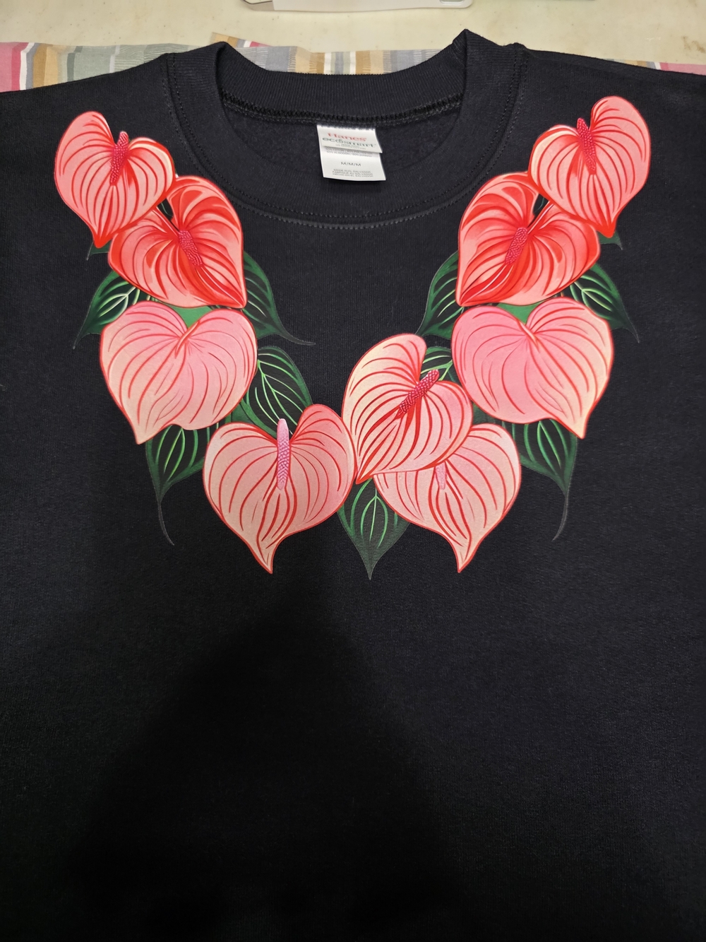 Black Sweater with Pink & Red Anthurium Lei